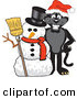 Big Cat Cartoon Vector Clipart of a Festive Black Jaguar Mascot Character with a Snowman by Toons4Biz