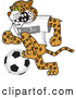 Big Cat Cartoon Vector Clipart of a Friendly Leopard Character School Mascot Playing Soccer by Toons4Biz