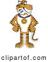 Big Cat Cartoon Vector Clipart of a Friendly Tiger Character School Mascot Wearing a Medal by Mascot Junction