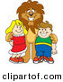 Big Cat Cartoon Vector Clipart of a Grinning Lion Character Mascot with Students by Toons4Biz