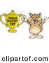 Big Cat Cartoon Vector Clipart of a Grinning Puma Wildcat Character Holding a Golden Worlds Greatest Dad Trophy by Dennis Holmes Designs