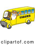 Big Cat Cartoon Vector Clipart of a Grinning Tiger Character School Mascot Driving a Bus by Mascot Junction