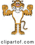 Big Cat Cartoon Vector Clipart of a Grinning Tiger Character School Mascot Flexing by Mascot Junction