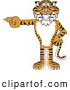 Big Cat Cartoon Vector Clipart of a Grinning Tiger Character School Mascot Pointing Left by Toons4Biz