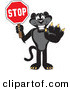 Big Cat Cartoon Vector Clipart of a Happy Black Jaguar Mascot Character Holding a Stop Sign by Toons4Biz