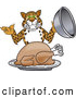 Big Cat Cartoon Vector Clipart of a Happy Cheetah, Jaguar or Leopard Character School Mascot Serving a Thanksgiving Turkey by Toons4Biz