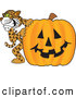 Big Cat Cartoon Vector Clipart of a Happy Cheetah, Jaguar or Leopard Character School Mascot with a Halloween Pumpkin by Toons4Biz
