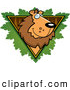 Big Cat Cartoon Vector Clipart of a Happy Lion Face over a Wooden Safari Triangle with Leaves by Cory Thoman