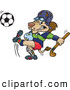 Big Cat Cartoon Vector Clipart of a Lion Carrying a Hockey Stick and Kicking a Soccer Ball, on White by Dennis Holmes Designs