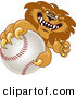 Big Cat Cartoon Vector Clipart of a Lion Sports Character Mascot Grabbing a Baseball by Toons4Biz