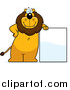 Big Cat Cartoon Vector Clipart of a Lion Standing and Leaning Against a Blank Sign Board by Cory Thoman