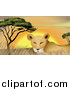 Big Cat Cartoon Vector Clipart of a Lioness in Grass at Sunset by