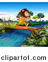 Big Cat Cartoon Vector Clipart of a Male Lion Running on a Log over a Stream by