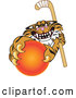 Big Cat Cartoon Vector Clipart of a Mean Tiger Character School Mascot Grabbing a Field Hockey Ball by Toons4Biz
