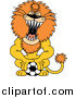 Big Cat Cartoon Vector Clipart of a Roaring Athletic Lion Pushing down on a Soccer Ball by Zooco