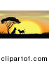 Big Cat Cartoon Vector Clipart of a Silhouetted Leopards by an Acacia Tree at Sunset by Graphics RF