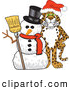 Big Cat Cartoon Vector Clipart of a Smiling Cheetah, Jaguar or Leopard Character School Mascot with a Snowman by Toons4Biz