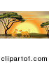 Big Cat Cartoon Vector Clipart of Cheetahs near an Acacia Tree at Sunset by Graphics RF