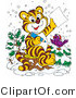 Big Cat Clipart of a Chirping Purple Bird in the Snow, Wearing a Santa Hat, Perched on a Tree by a Tiger Who Is Writing a Dear Santa Letter for Christmas by Alex Bannykh