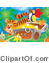Big Cat Clipart of a Striped Tiger by an Orange Bird Flying by a Parrot Perched on a Treasure Chest Full of Gold and Diamonds by Alex Bannykh