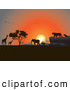 Big Cat Vector Clipart of a Group of Silhouetted Giraffes, Birds, Elephants and Big Cats Against an Orange African Sunset by Pauloribau