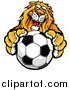 Big Cat Vector Clipart of a Male Lion Holding out a Soccer Ball by Chromaco