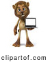 Big Cat Vector Clipart of a Smiling Lion Character Presenting a Laptop by