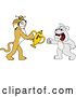 Vector Clipart of a Cartoon Bobcat School Mascot Giving a First Place Trophy to a Bulldog, Symbolizing Teamwork and Sportsmanship by Mascot Junction