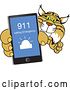 Vector Clipart of a Cartoon Bobcat School Mascot Holding up a Smart Phone with an Emergency Screen, Symbolizing Safety by Toons4Biz