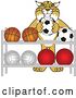 Vector Clipart of a Cartoon Bobcat School Mascot Putting a Soccer Ball Back on a Rack, Symbolizing Respect by Mascot Junction